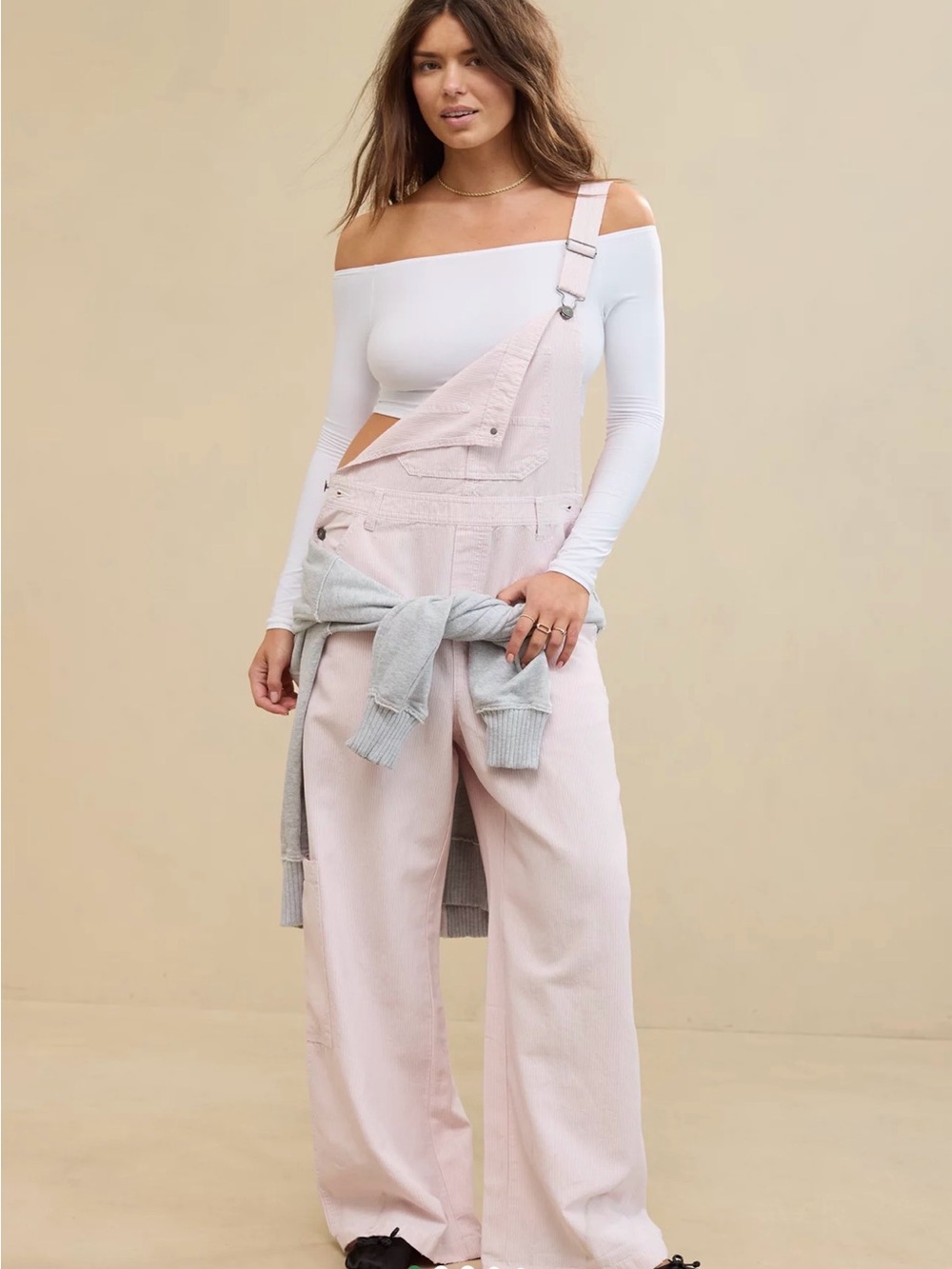 Women's Aerie Boy-Ish cream soft denim Overalls size large